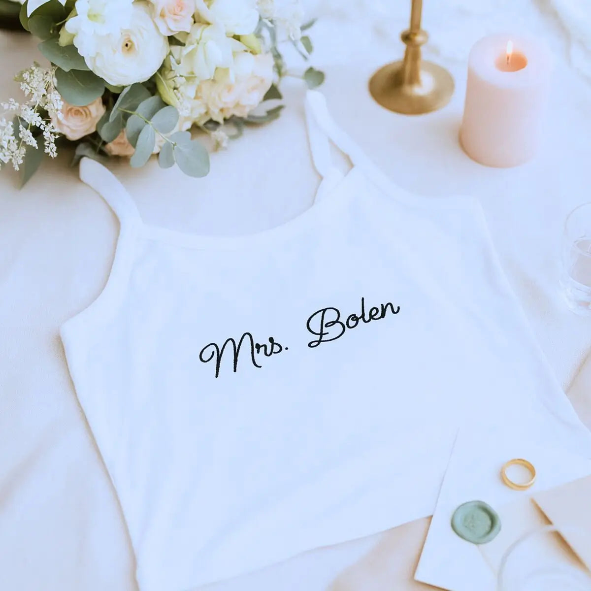 Custom embroidered Mrs pajama set with tank and jogger for bride’s wedding morning