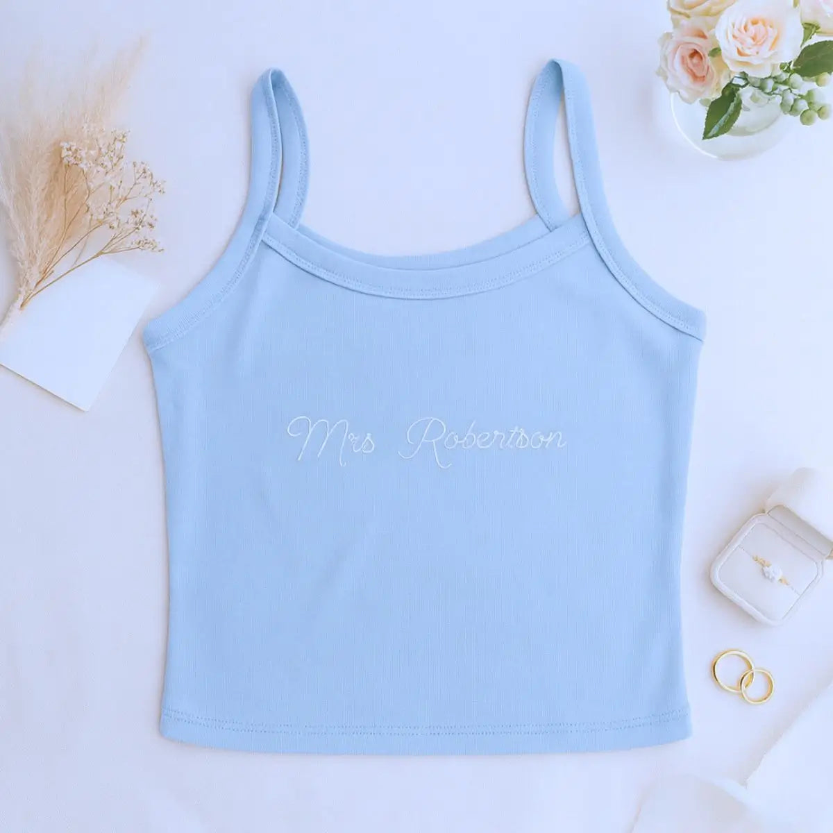 Custom embroidered Mrs pajama set with tank and jogger for bride’s wedding morning