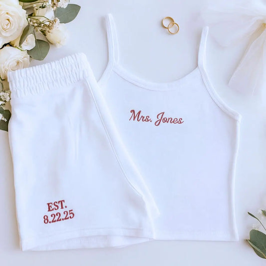 Custom embroidered Mrs pajama set with tank and jogger for bride’s wedding morning