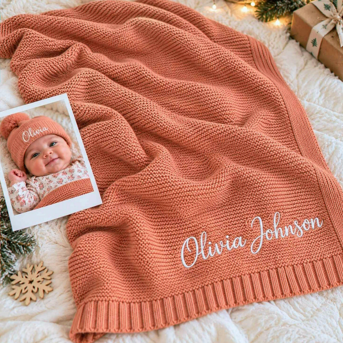 Custom Blanket for Baby Girl with Name, Embroidered Baby Girl First Christmas Gift