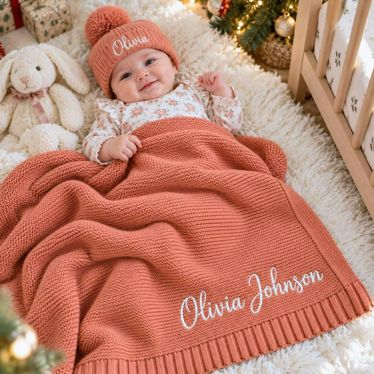 Custom Blanket for Baby Girl with Name, Embroidered Baby Girl First Christmas Gift