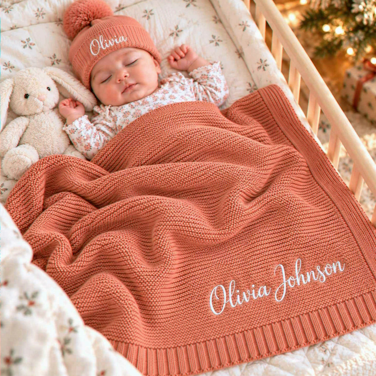 Custom Blanket for Baby Girl with Name, Embroidered Baby Girl First Christmas Gift