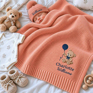 Custom Teddy Bear Embroidered Baby Blanket, Name Woodland Cabin Nursery Keepsake, Auntie Gift to Baby Nephew