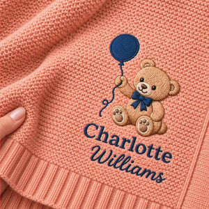 Custom Teddy Bear Embroidered Baby Blanket, Name Woodland Cabin Nursery Keepsake, Auntie Gift to Baby Nephew