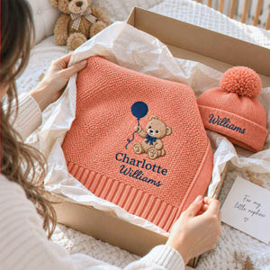 Custom Teddy Bear Embroidered Baby Blanket, Name Woodland Cabin Nursery Keepsake, Auntie Gift to Baby Nephew