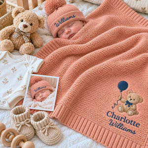 Custom Teddy Bear Embroidered Baby Blanket, Name Woodland Cabin Nursery Keepsake, Auntie Gift to Baby Nephew