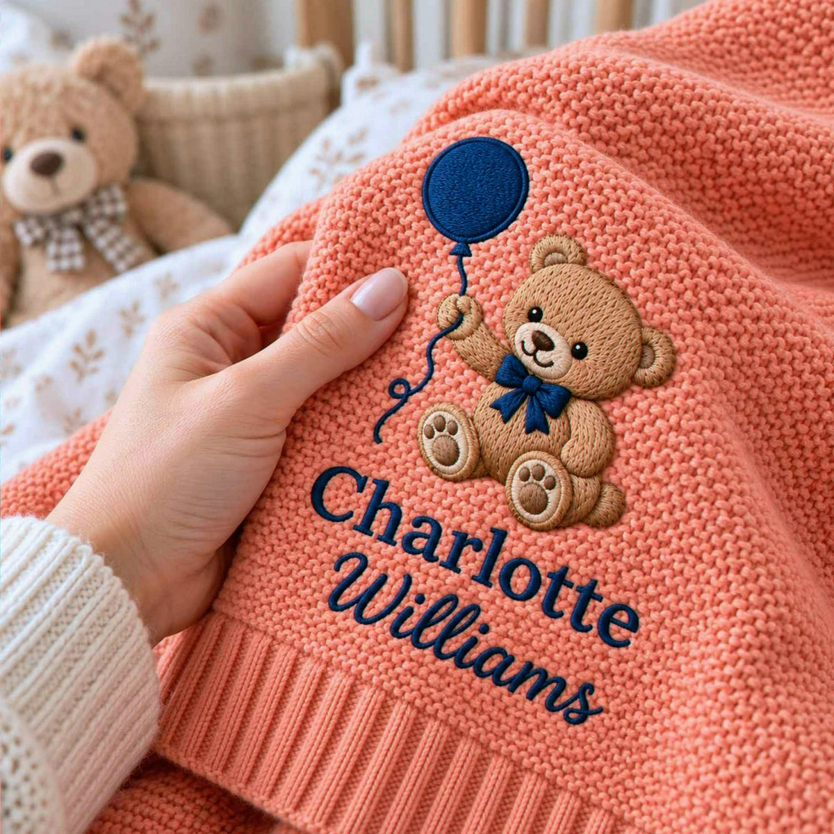 Custom Teddy Bear Embroidered Baby Blanket, Name Woodland Cabin Nursery Keepsake, Auntie Gift to Baby Nephew