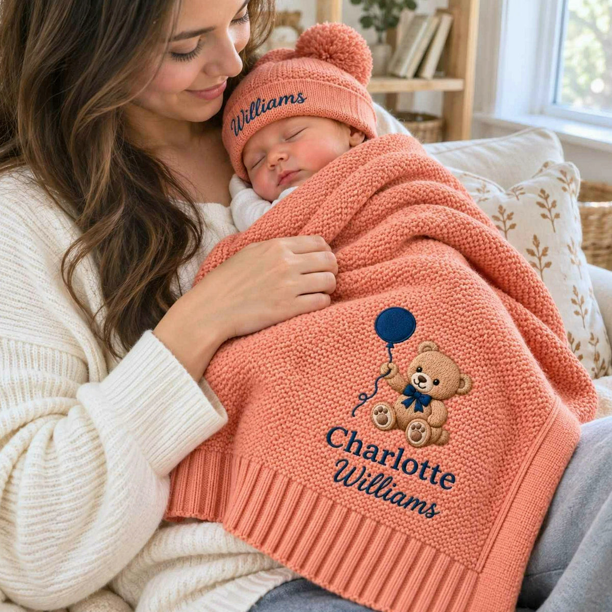 Custom Teddy Bear Embroidered Baby Blanket, Name Woodland Cabin Nursery Keepsake, Auntie Gift to Baby Nephew