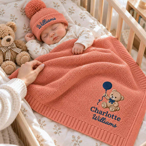 Custom Teddy Bear Embroidered Baby Blanket, Name Woodland Cabin Nursery Keepsake, Auntie Gift to Baby Nephew