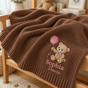 Custom Teddy Bear Embroidered Baby Blanket, Name Woodland Cabin Nursery Keepsake, Auntie Gift to Baby Nephew