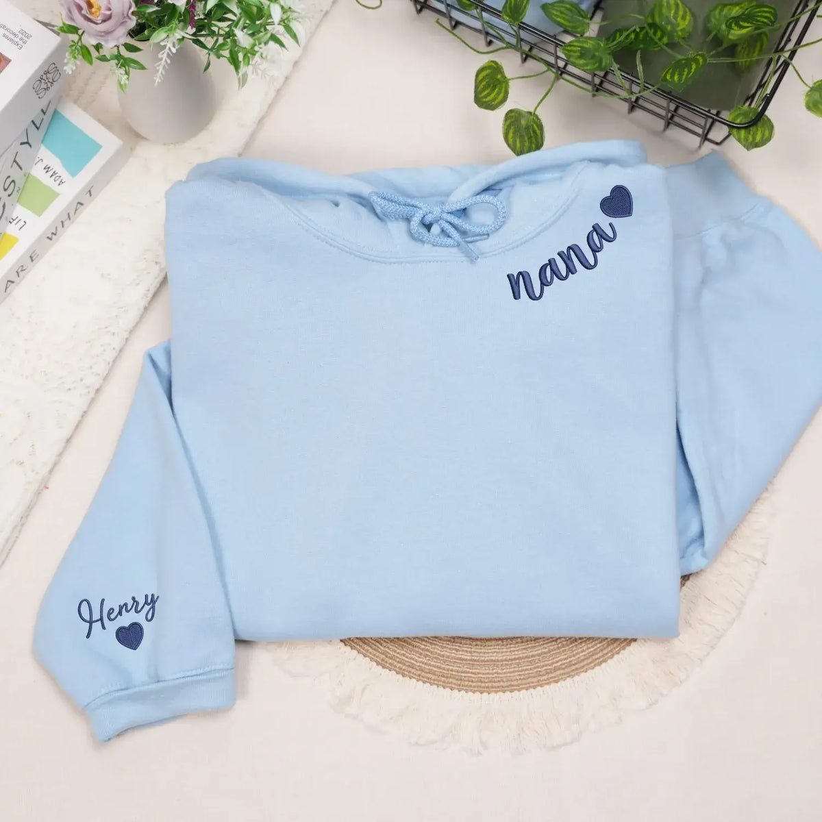 Custom Nana embroidered sweatshirt with heart on neckline and grandchild name on sleeve personalized grandma gift