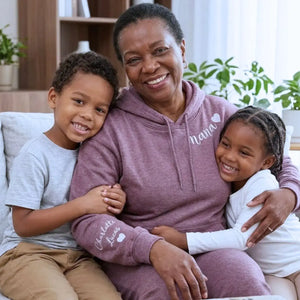 Custom Nana embroidered sweatshirt with heart on neckline and grandchild name on sleeve personalized grandma gift