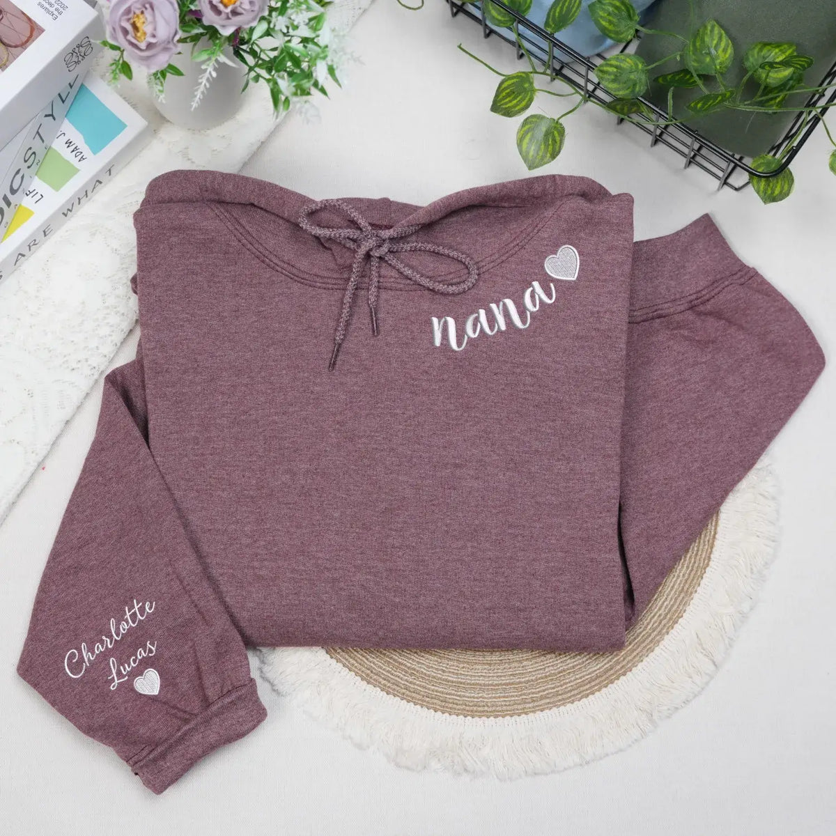 Custom Nana embroidered sweatshirt with heart on neckline and grandchild name on sleeve personalized grandma gift