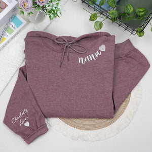 Custom Nana embroidered sweatshirt with heart on neckline and grandchild name on sleeve personalized grandma gift