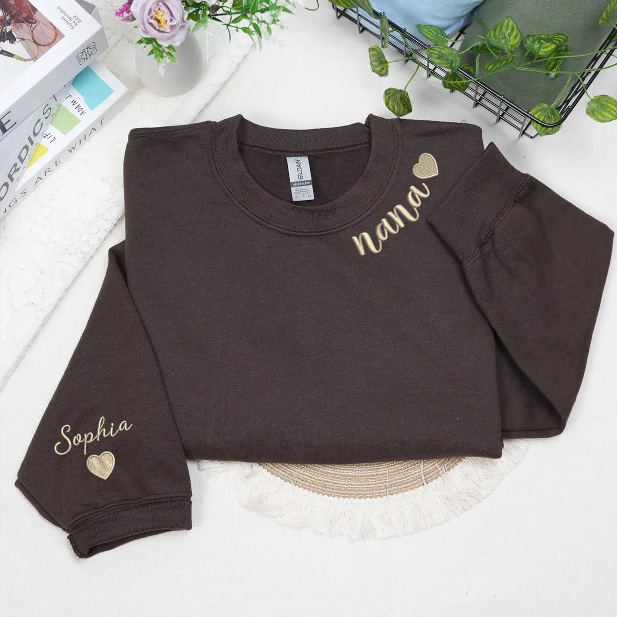 Custom Nana embroidered sweatshirt with heart on neckline and grandchild name on sleeve personalized grandma gift
