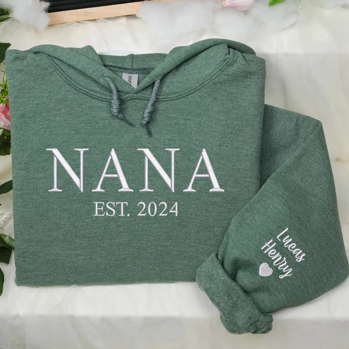 Custom embroidered Nana EST sweatshirt with grandkids names personalized grandmother gift