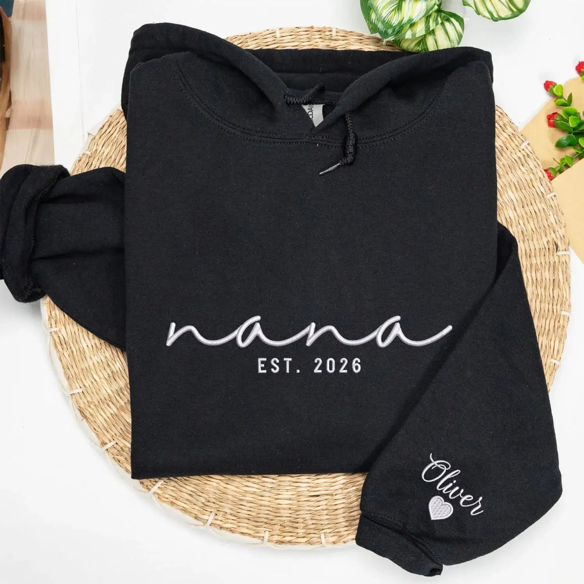 Custom Nana EST sweatshirt embroidered with grandkids names on sleeve personalized Nana hoodie gift