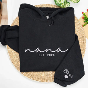 Custom Nana EST sweatshirt embroidered with grandkids names on sleeve personalized Nana hoodie gift