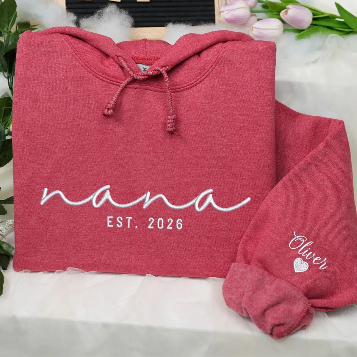 Custom Nana EST sweatshirt embroidered with grandkids names on sleeve personalized Nana hoodie gift