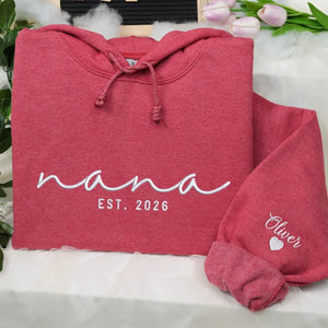 Custom Nana EST sweatshirt embroidered with grandkids names on sleeve personalized Nana hoodie gift