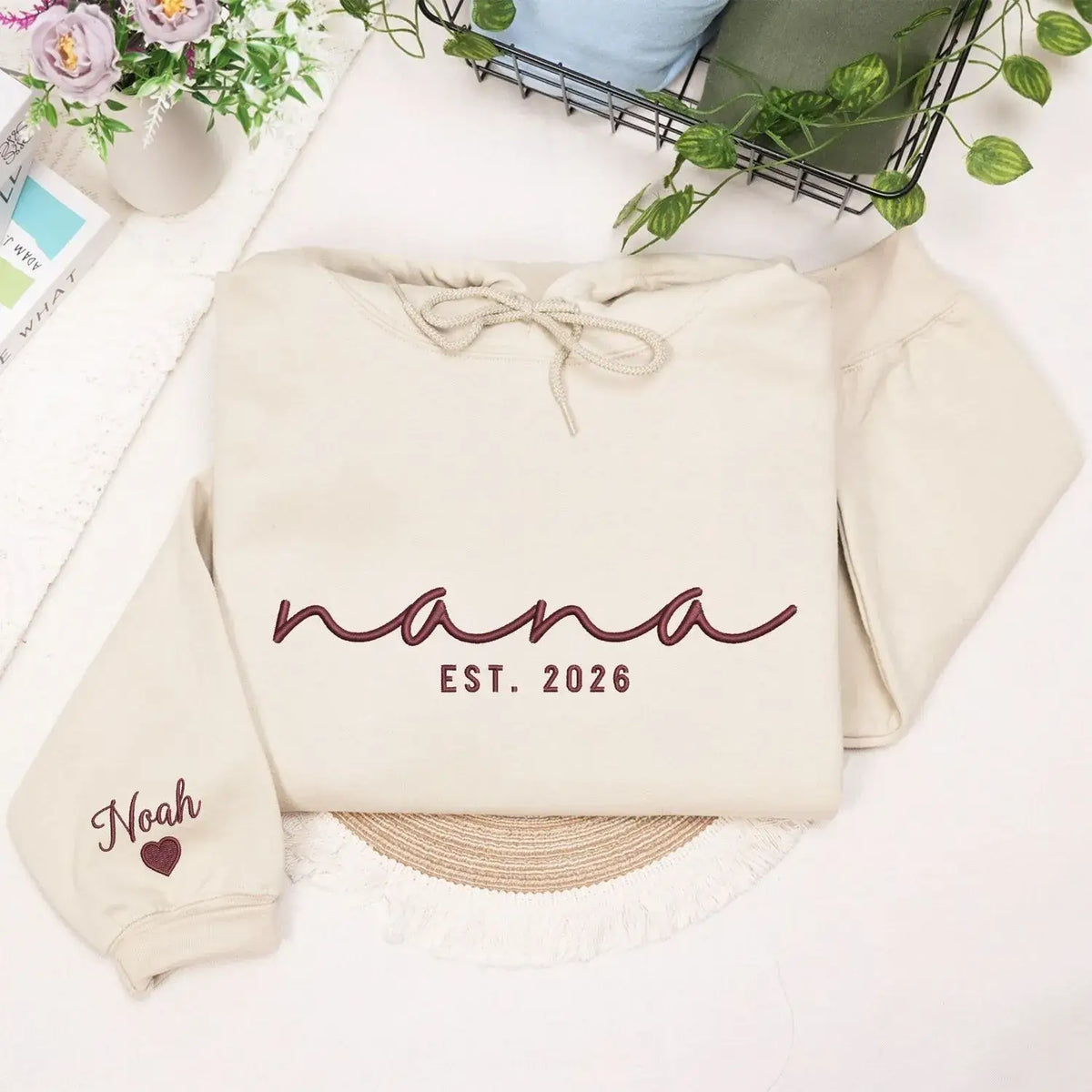 Custom Nana EST sweatshirt embroidered with grandkids names on sleeve personalized Nana hoodie gift