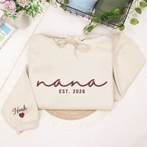 Custom Nana EST sweatshirt embroidered with grandkids names on sleeve personalized Nana hoodie gift