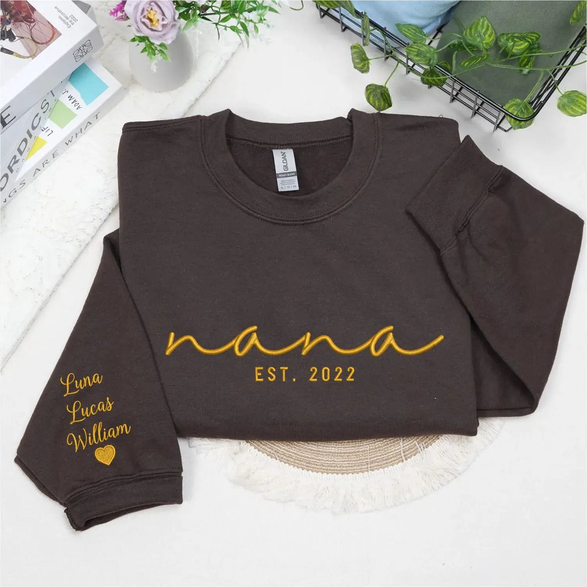 Custom Nana EST sweatshirt embroidered with grandkids names on sleeve personalized Nana hoodie gift