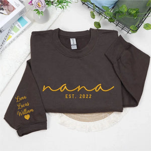 Custom Nana EST sweatshirt embroidered with grandkids names on sleeve personalized Nana hoodie gift