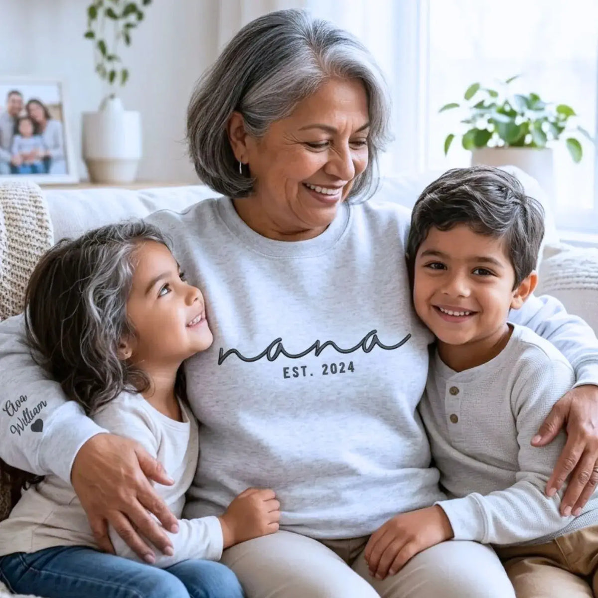 Custom Nana EST sweatshirt embroidered with grandkids names on sleeve personalized Nana hoodie gift