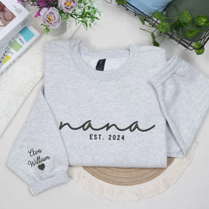 Custom Nana EST sweatshirt embroidered with grandkids names on sleeve personalized Nana hoodie gift