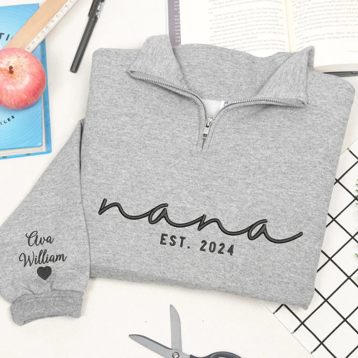 Custom Nana quarter zip embroidered sweatshirt with grandkids names on sleeve personalized grandmother gift