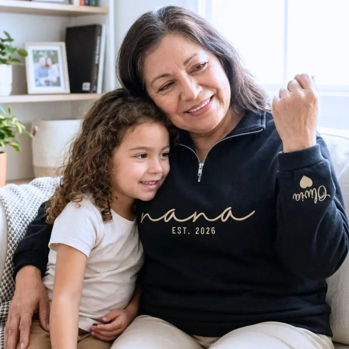Custom Nana quarter zip embroidered sweatshirt with grandkids names on sleeve personalized grandmother gift
