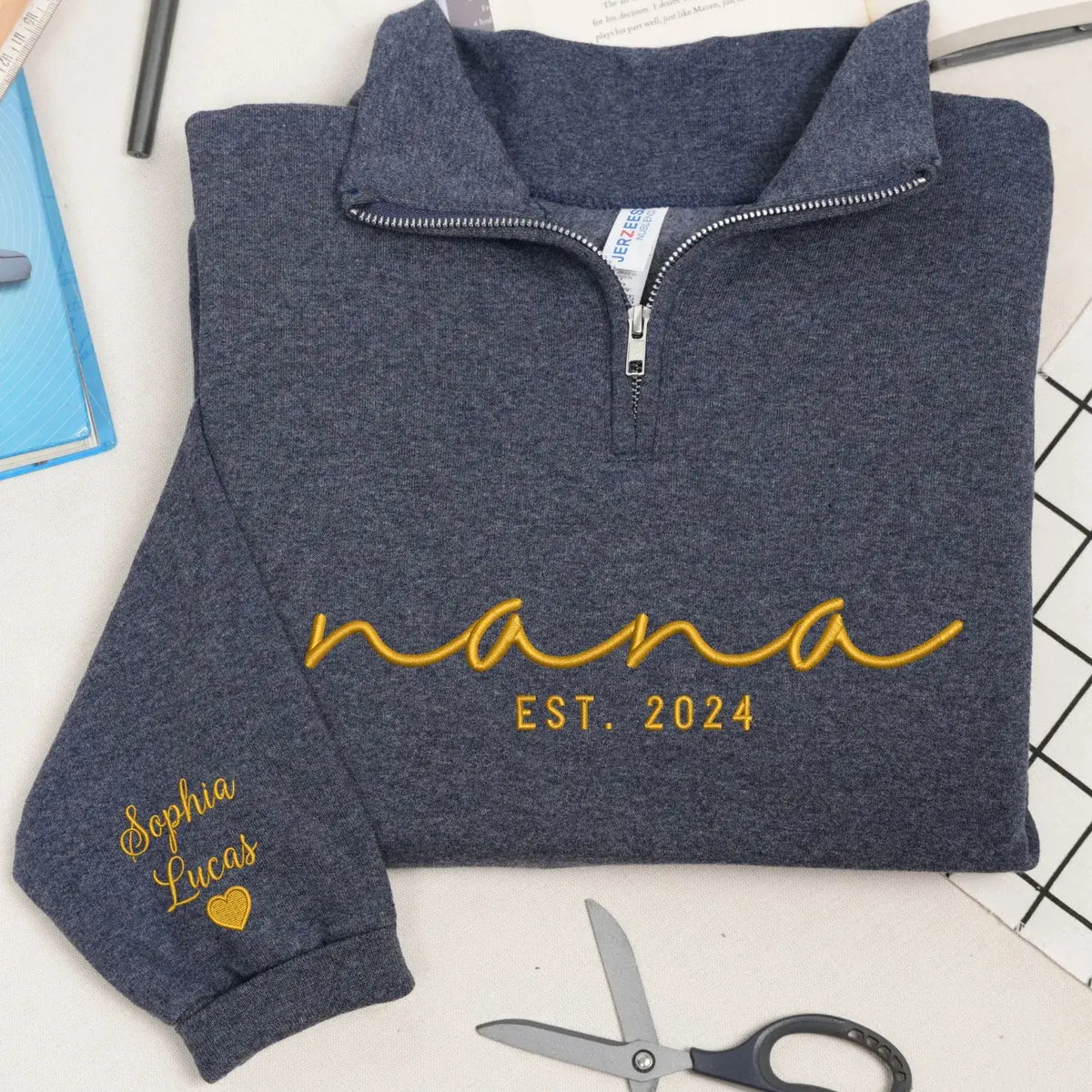 Custom Nana quarter zip embroidered sweatshirt with grandkids names on sleeve personalized grandmother gift