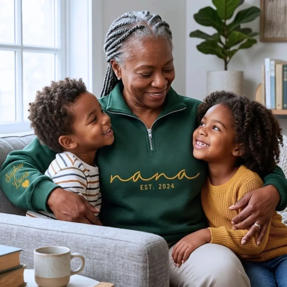 Custom Nana quarter zip embroidered sweatshirt with grandkids names on sleeve personalized grandmother gift
