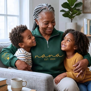 Custom Nana quarter zip embroidered sweatshirt with grandkids names on sleeve personalized grandmother gift