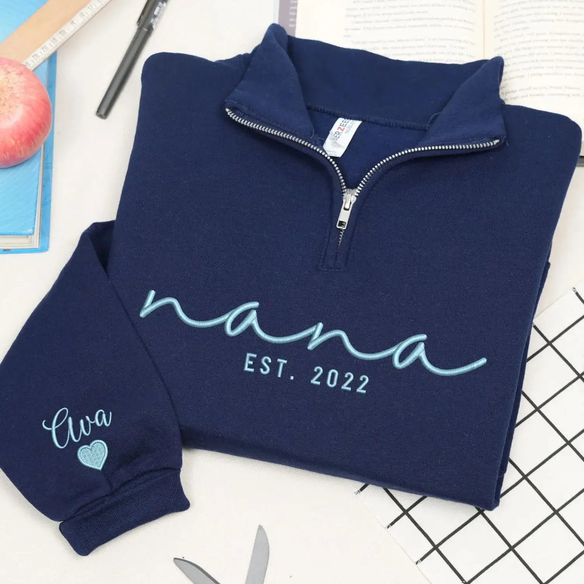 Custom Nana quarter zip embroidered sweatshirt with grandkids names on sleeve personalized grandmother gift