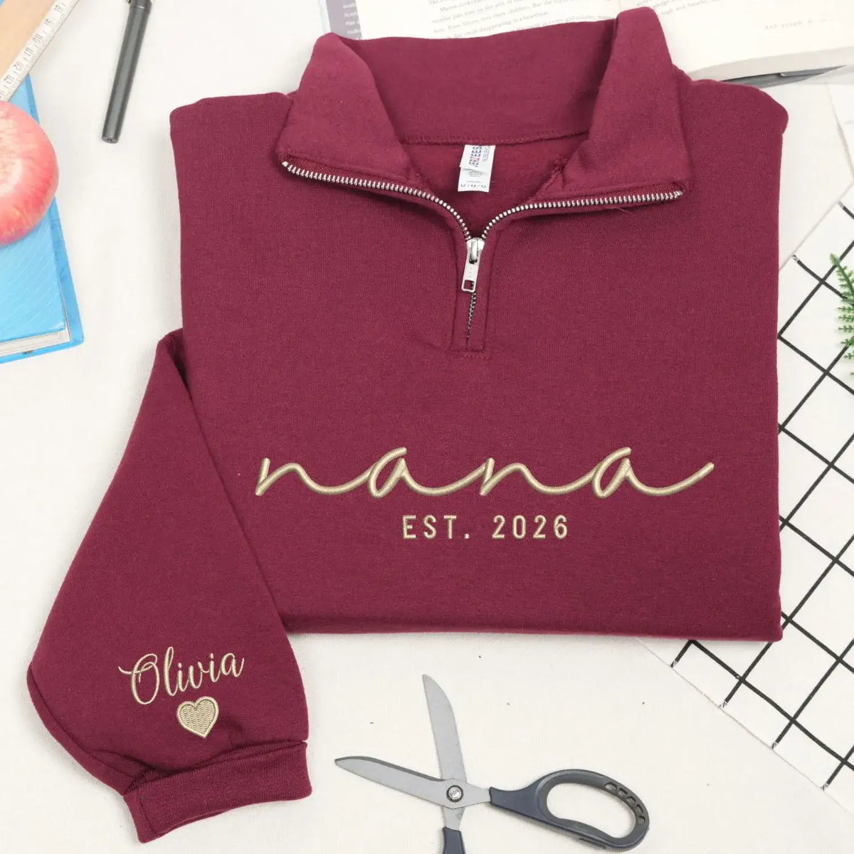 Custom Nana quarter zip embroidered sweatshirt with grandkids names on sleeve personalized grandmother gift