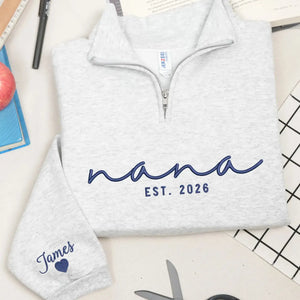 Custom Nana quarter zip embroidered sweatshirt with grandkids names on sleeve personalized grandmother gift