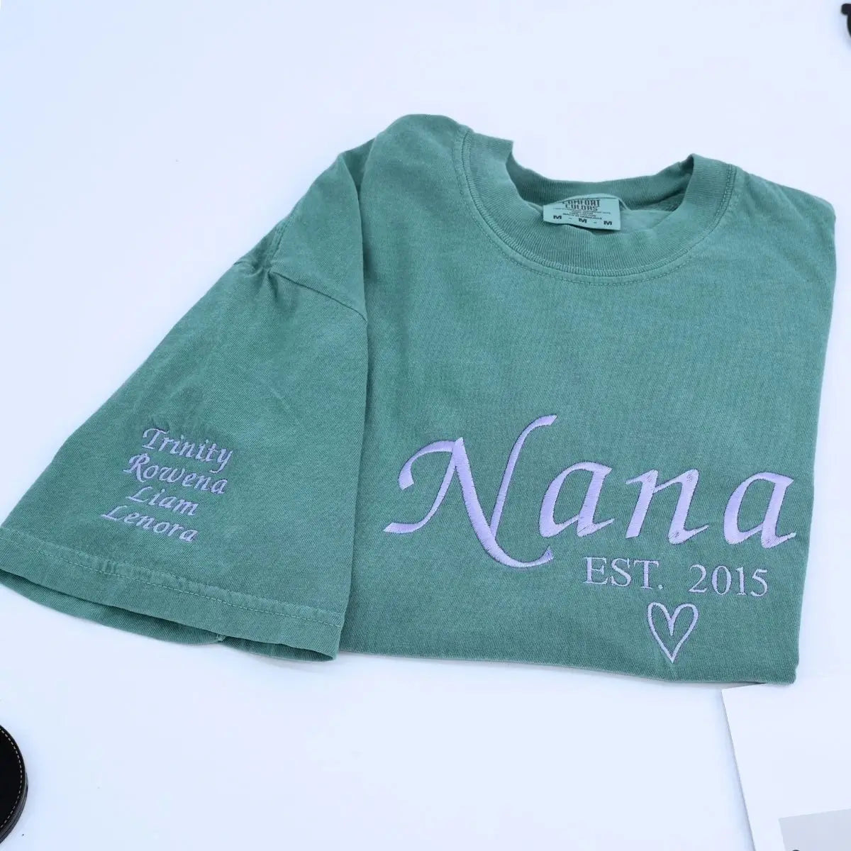 Custom embroidered Nana EST year tshirt gift for grandmother – soft cotton in neutral tone