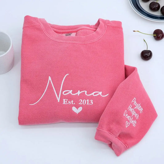 Custom embroidered Nana EST year sweatshirt gift for grandmother – soft cotton in neutral tone