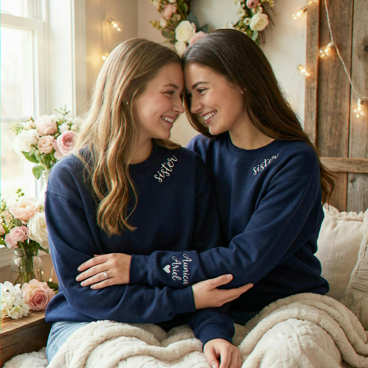 Custom Text Sweatshirt with Neckline and Sleeve Embroidery, Personalized Quote Gift