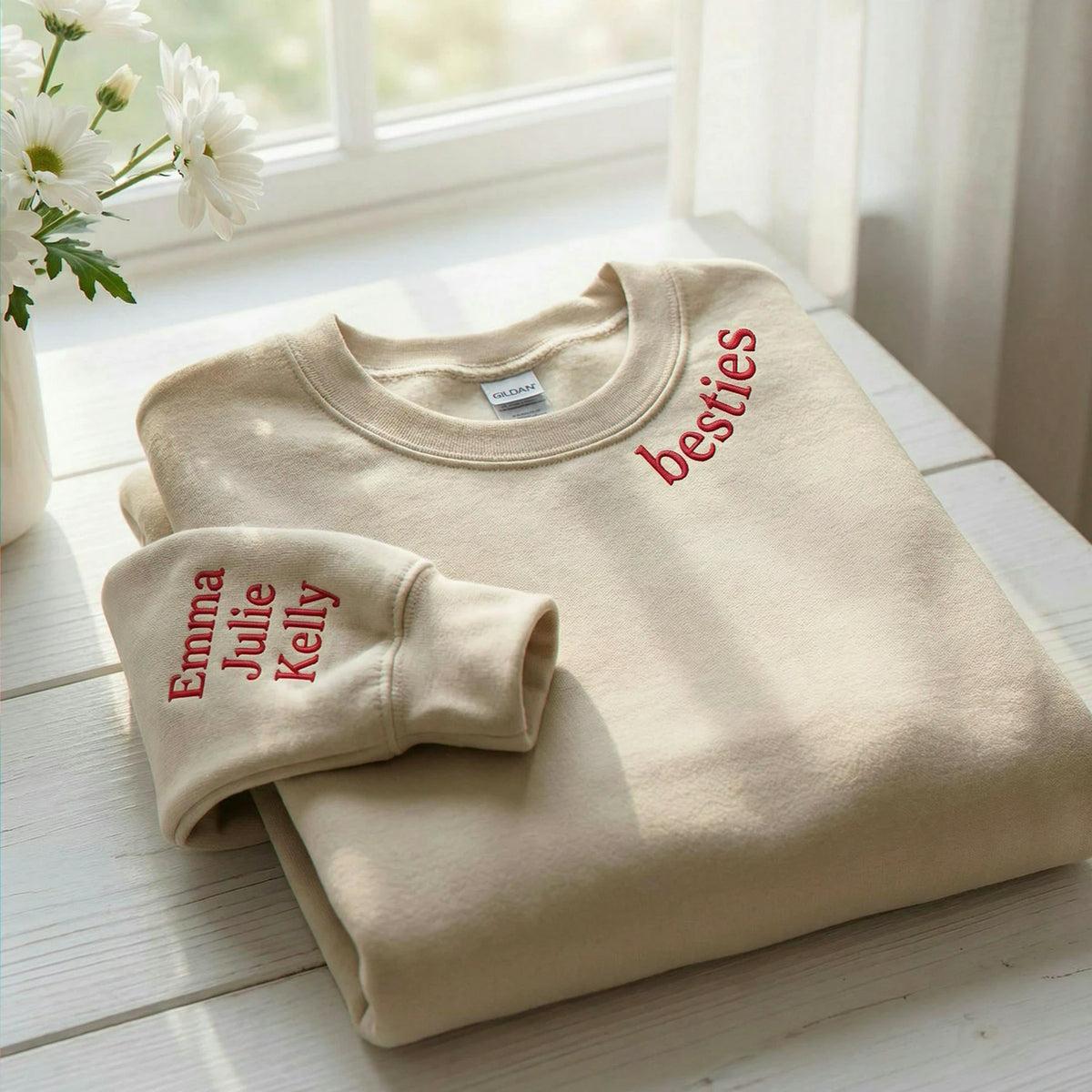 Custom Embroidered Text Sweatshirt with Collar & Sleeve Personalization, Quote Sweatshirt with Choose Font & Thread Color