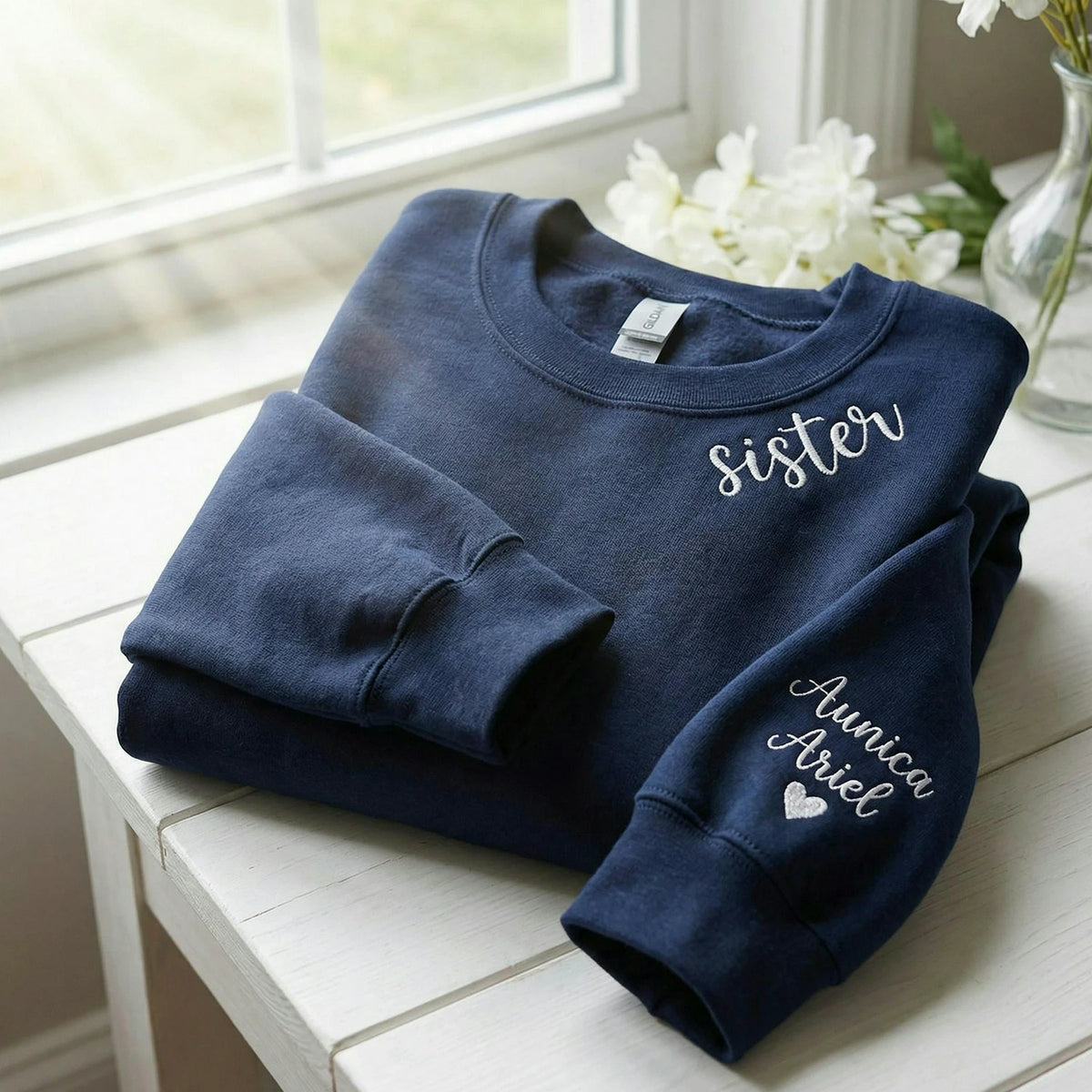 Custom Embroidered Text Sweatshirt with Collar & Sleeve Personalization, Quote Sweatshirt with Choose Font & Thread Color