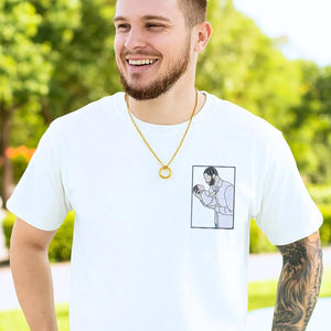 Embroidered shirt for new dad with custom photo portrait, favorite song, and name on sleeve
