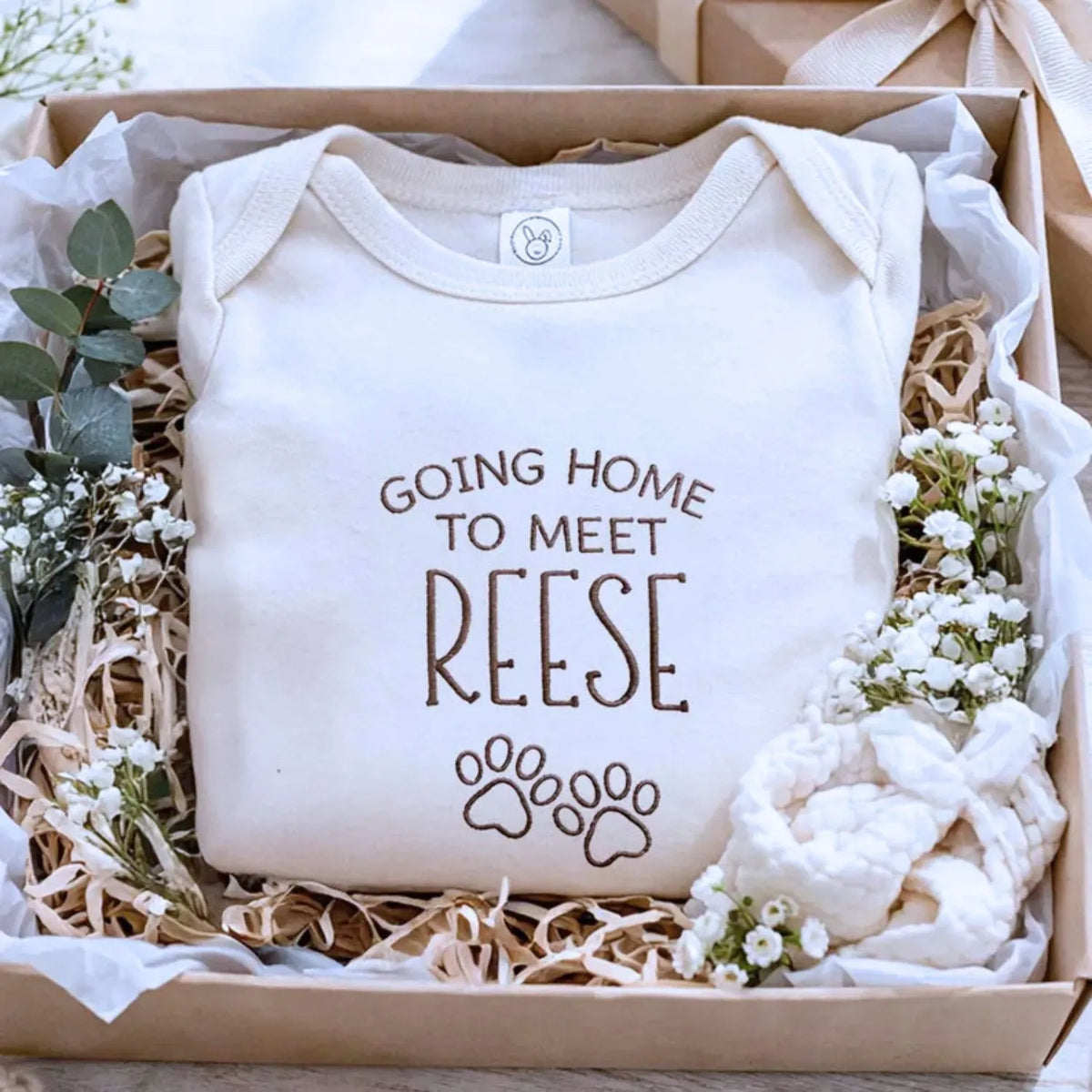 Custom embroidered newborn onesie saying “Going Home to Meet My Pups” – perfect baby shower gift for puppy lovers