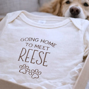 Custom embroidered newborn onesie saying “Going Home to Meet My Pups” – perfect baby shower gift for puppy lovers