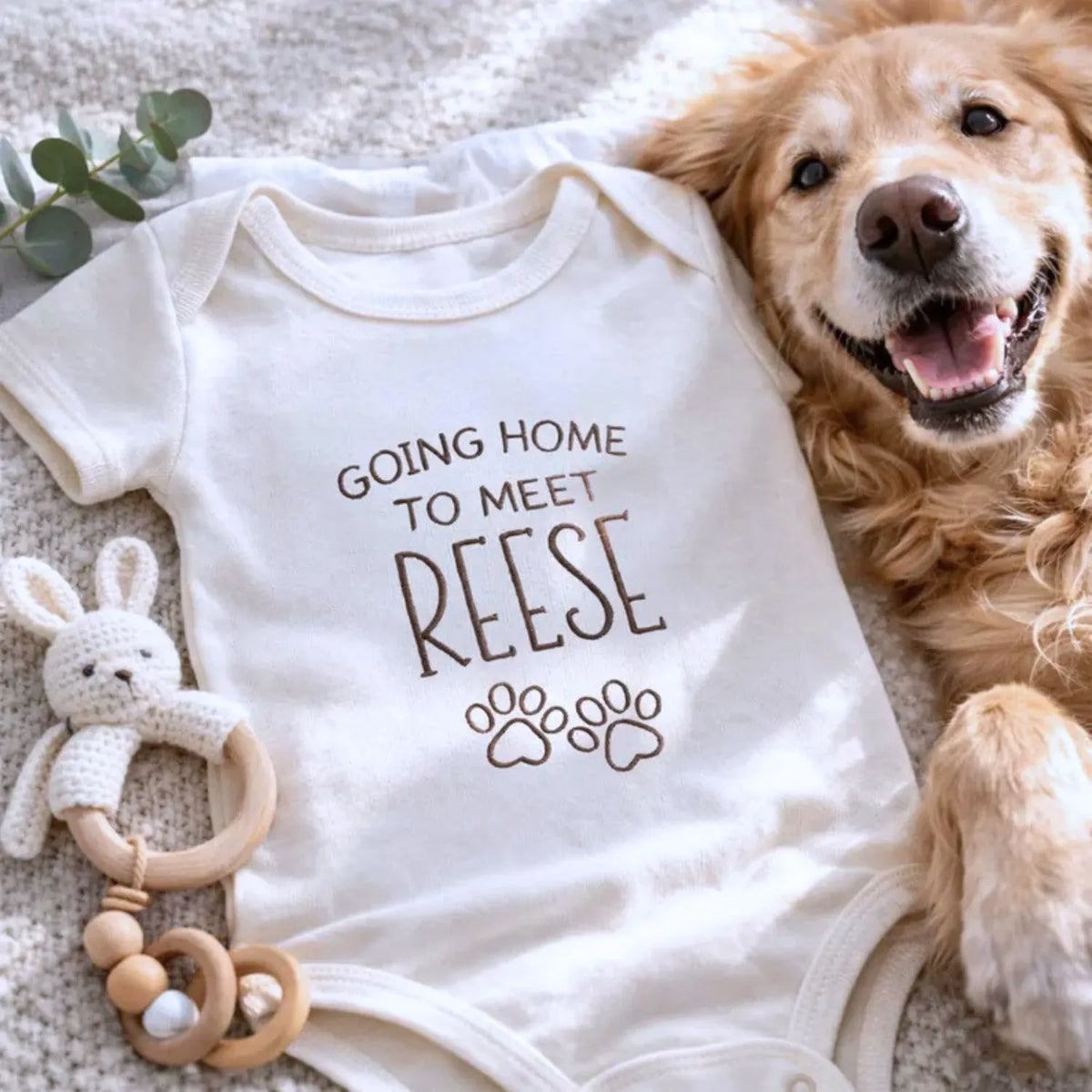 Custom embroidered newborn onesie saying “Going Home to Meet My Pups” – perfect baby shower gift for puppy lovers