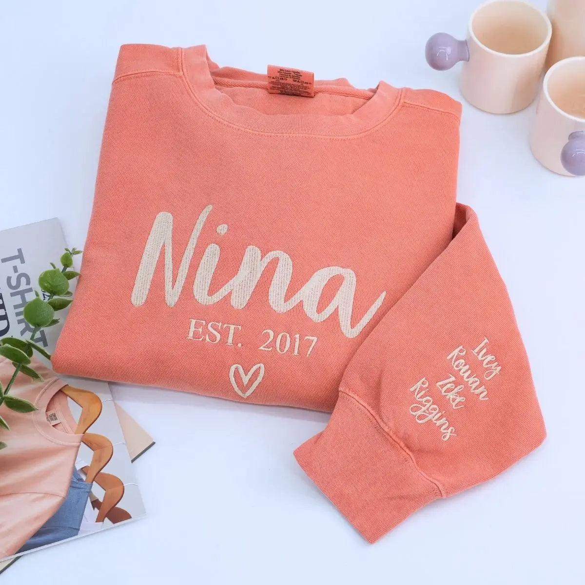 Custom embroidered Nina EST year sweatshirt gift for grandmother – soft cotton in neutral tone