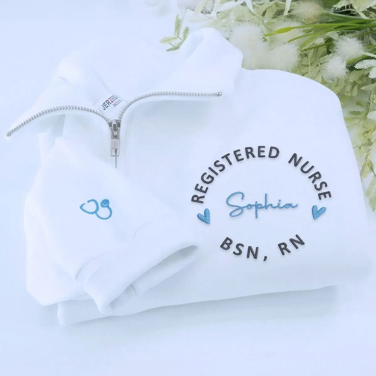 Custom embroidered nurse sweatshirt with name on chest and sleeve, ideal nurse gift