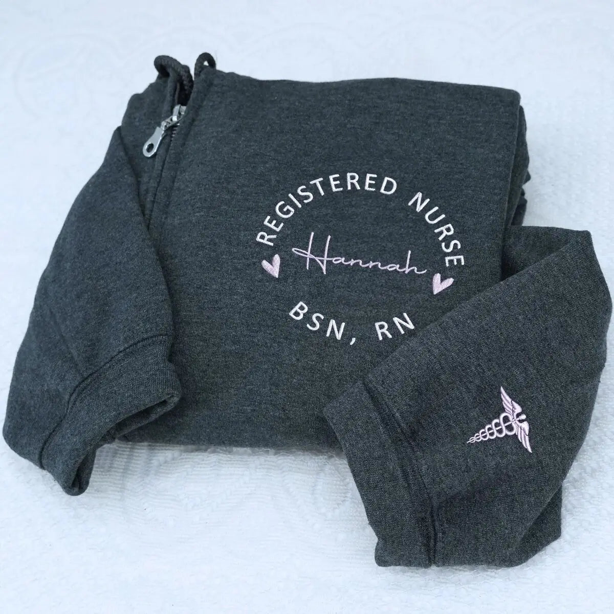 Custom embroidered nurse sweatshirt with name on chest and sleeve, ideal nurse gift